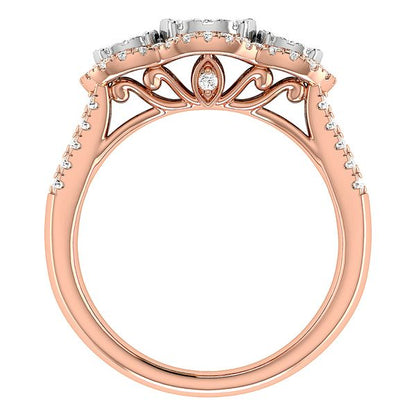 3 Stone Cluster Split Shank Diamond Engagement Ring 0.85ctw - 14k Solid Gold - All Natural
