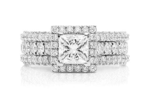 Princess Halo Three Row Diamond 14k Solid Gold 2.50ctw