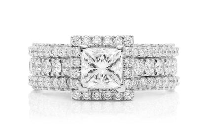 Princess Halo Three Row Diamond 14k Solid Gold 2.50ctw