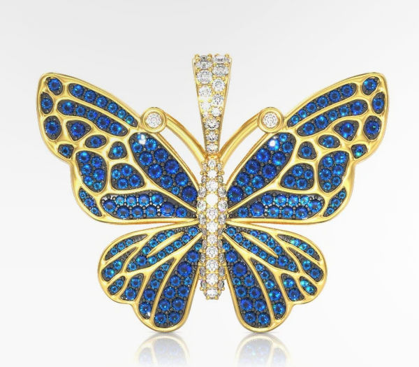 BUTTERFLY BLUE DIAMOND PENDANT 14K SOLID GOLD 1.75CTW