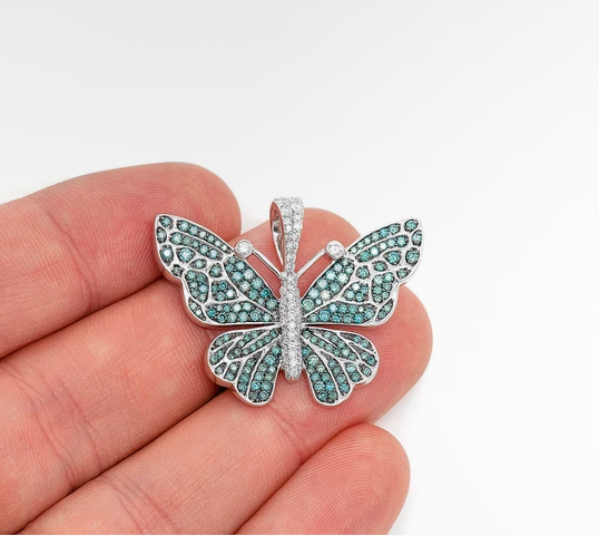 BUTTERFLY BLUE DIAMOND PENDANT 14K SOLID GOLD 1.75CTW
