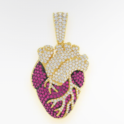 HUMAN HEART RUBY & DIAMOND PENDANT 14K SOLID GOLD 3.60CTW